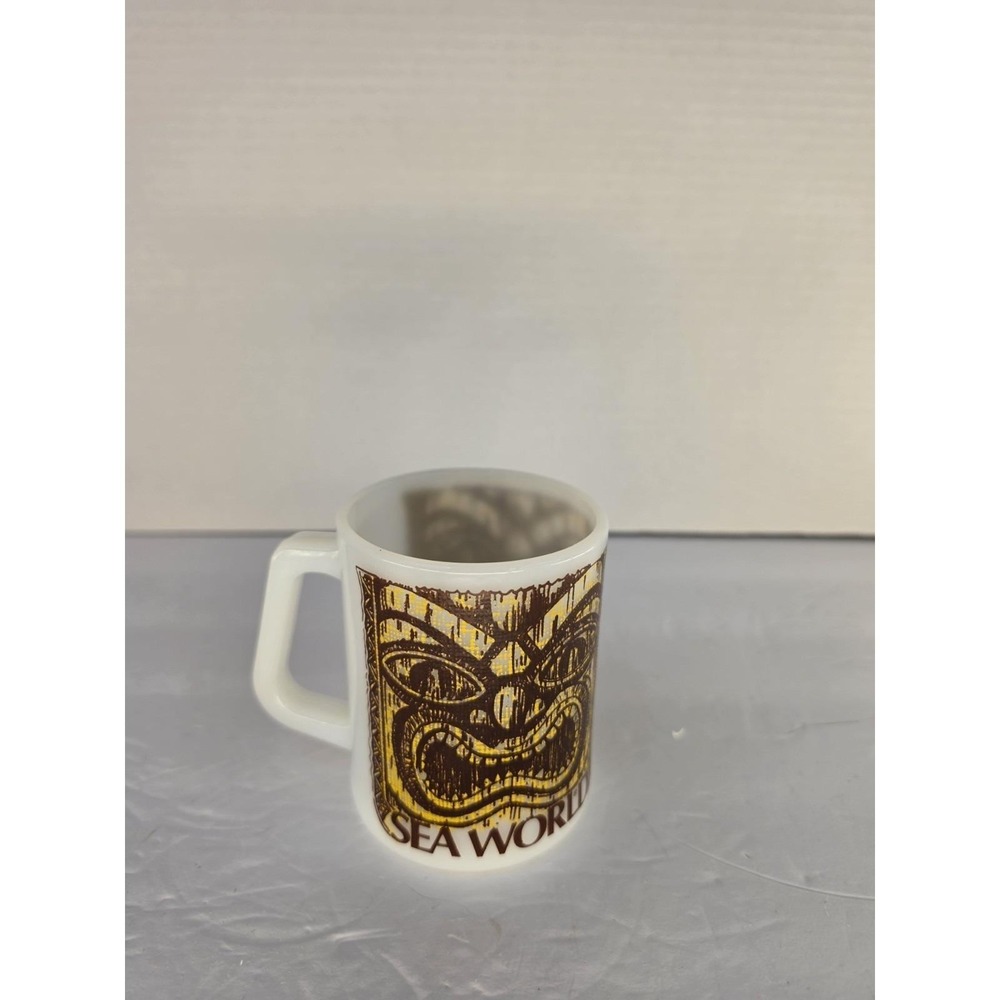 Vintage SeaWorld Tiki Mug Federal Glass Milk Glass Brown Gold Coffee Cup USA - Picture 2 of 7